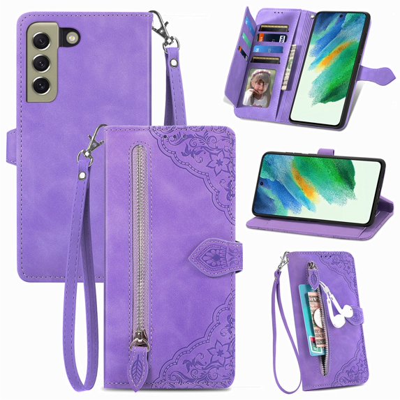 SaniMore Case for Samsung Galaxy S21 FE 5G 6.4", PU Leather Zipper Wallet Detachable Lanyard Retro Embossed Flower Crad Slots Flip Kickstand Full Body Protective Drop-proof Case, Purple