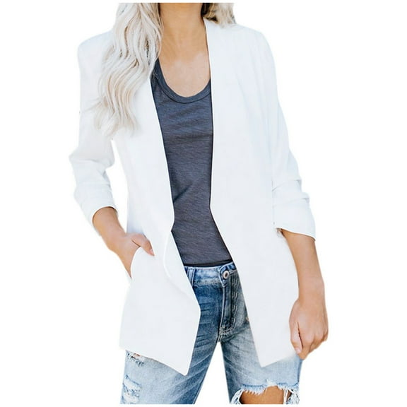 Women's 3/4 Stretchy Ruched Sleeve Open Front Lightweight Work Office Blazer Jackets Solid Color Business Jacket