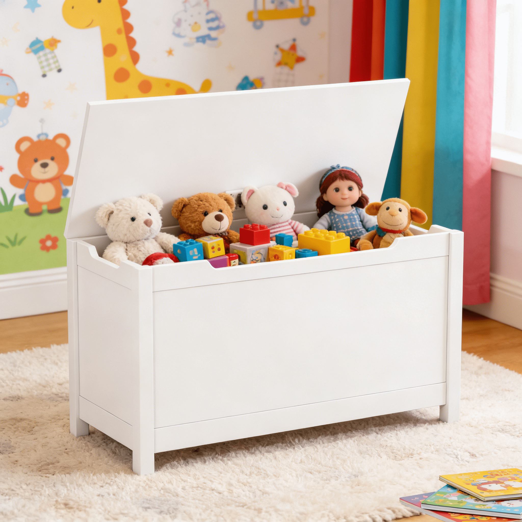 Kids Wooden Toy Box Storage with Safety Hinged Lid, White, Toy Chest Organizer for Bedroom Playroom