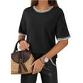 thumbnail image 2 of Women Casual Round Neck Solid Color Short Sleeve T Shirt 2025 Knit Contrast Trim Top for Spring Summer Daily Wear and Outfits, 2 of 5