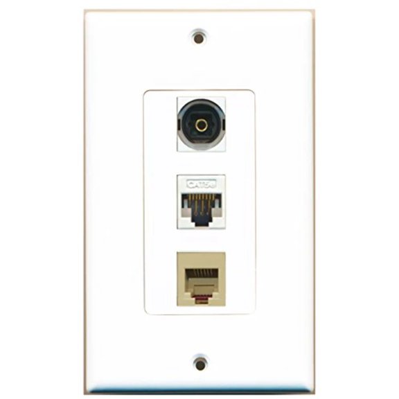RiteAV - 1 Port Phone RJ11 RJ12 Beige and 1 Port Toslink and 1 Port Cat5e Ethernet White Decorative Wall Plate
