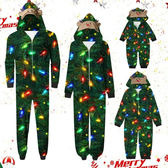 REORIAFEE Christmas Pajamas for Family 1 Piece Kids Boys Girls Loungewear Long Sleeve Jumpsuit Pants Santa Graphic Soft Sleepwear Green 3-9T