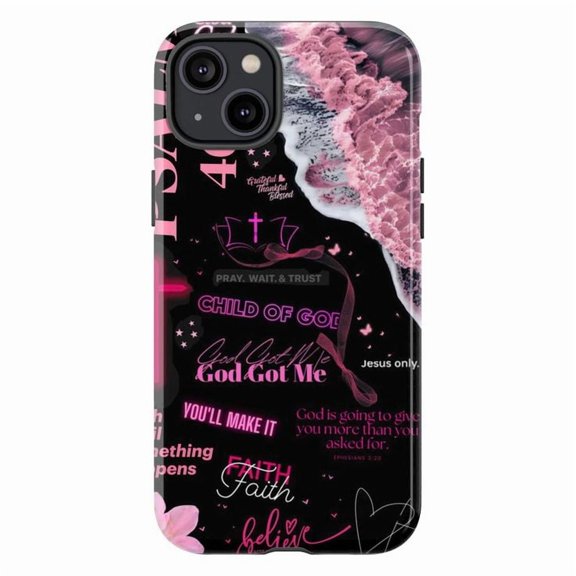 Black Pink Faith Collage Phone Case, Christian Religious Quotes Bible Verse Cover for iPhone 17 16 15 14 13 12 11 Plus Pro Max Mini