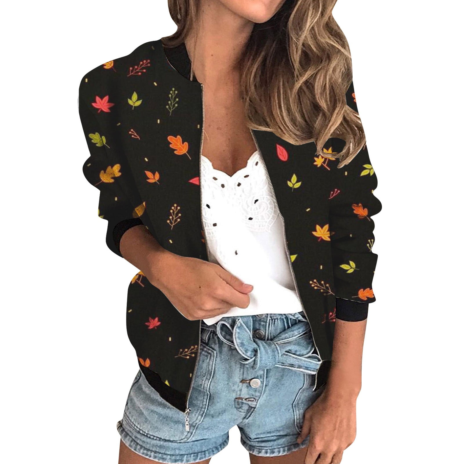 SEMIMAY Women's Jacket Lightweight Zip Casual Jacket Printed Coat Stand Collar Cropped Coat