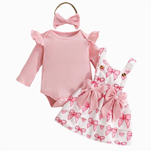 mgoYE Baby Girls Fall Outfit Ruffle Romper Bow Print Suspender Tutu Skirt Headband 3PCS Infant Toddler Dresses