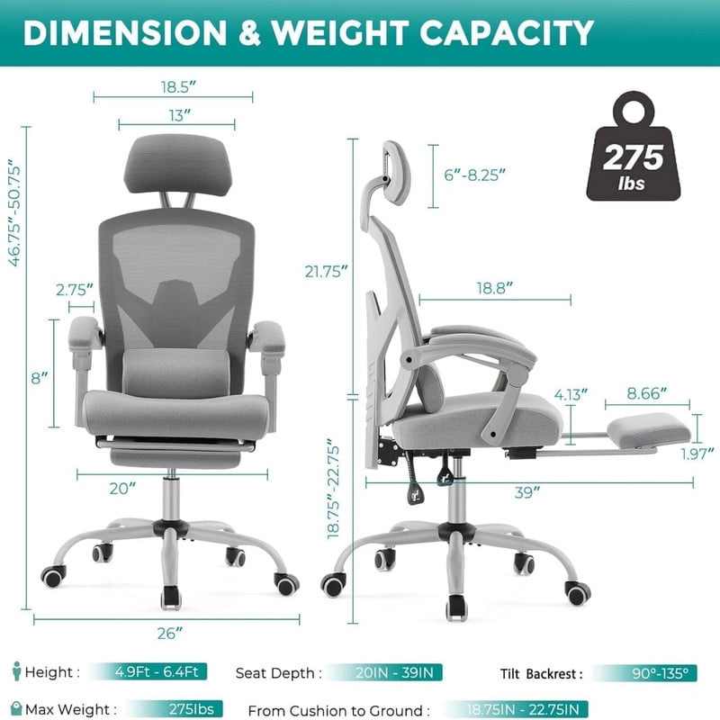 Kelno Ergonomic Office Chair High Back Reclining Swivel Desk Chair Retractable Footrest, Grey