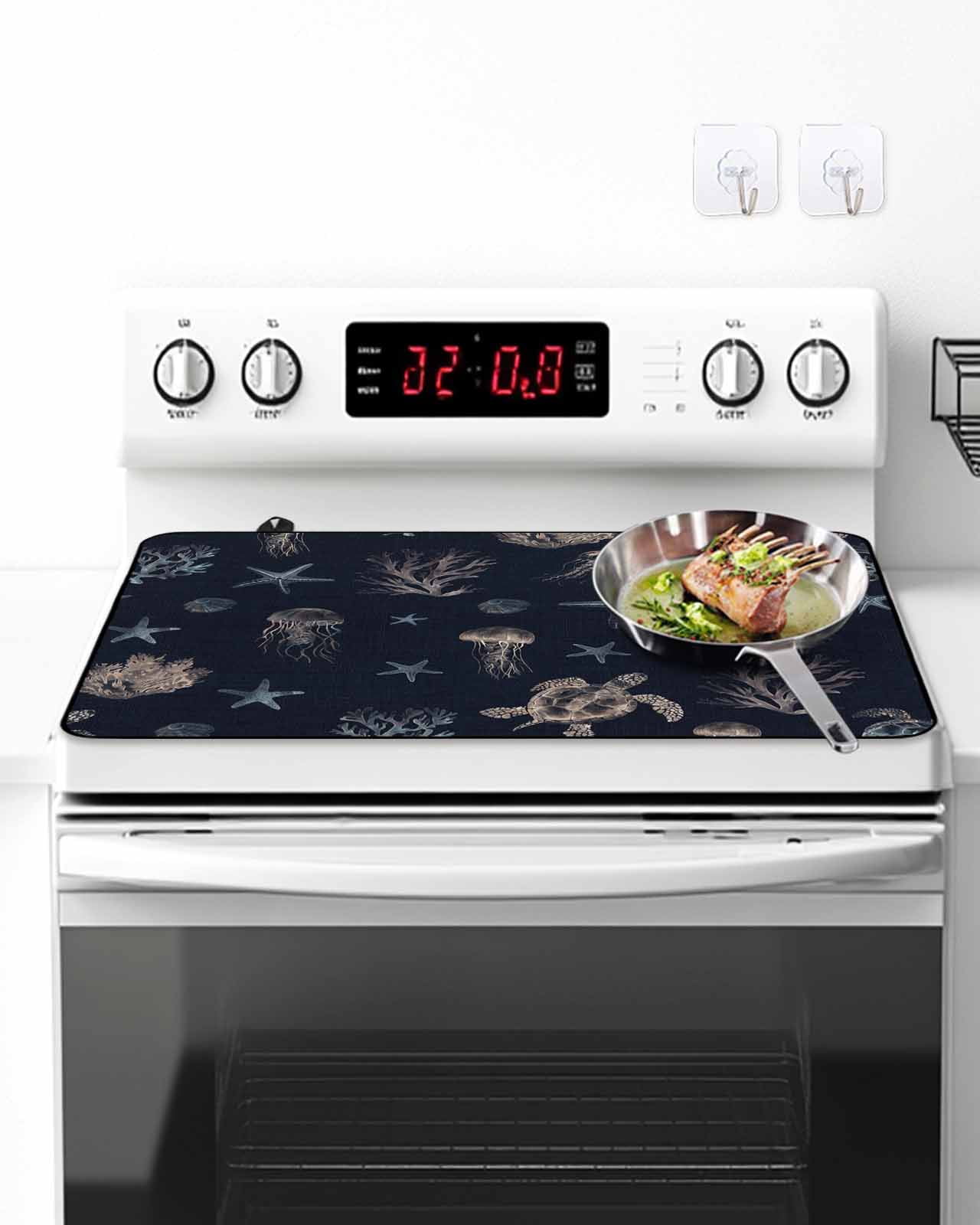 Stove Top Covers for Electric Stove, Navy Blue Coastal Glass Stovetop Cover Protector, Nautical Summer Beach Sea Turtle Starfish Induction Cooktop Protector Oven Mat for Kitchen Countertop 24"x21"