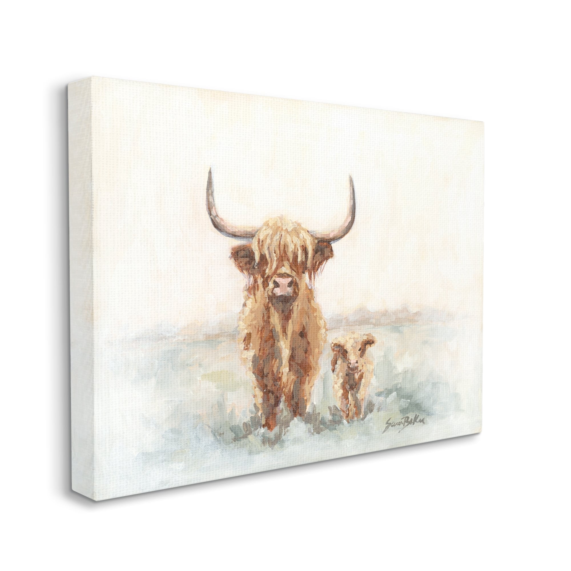 Stupell Highland Cattle & Baby Calf Rural Animals & Insects Painting Gallery Wrapped Canvas Print Wall Art