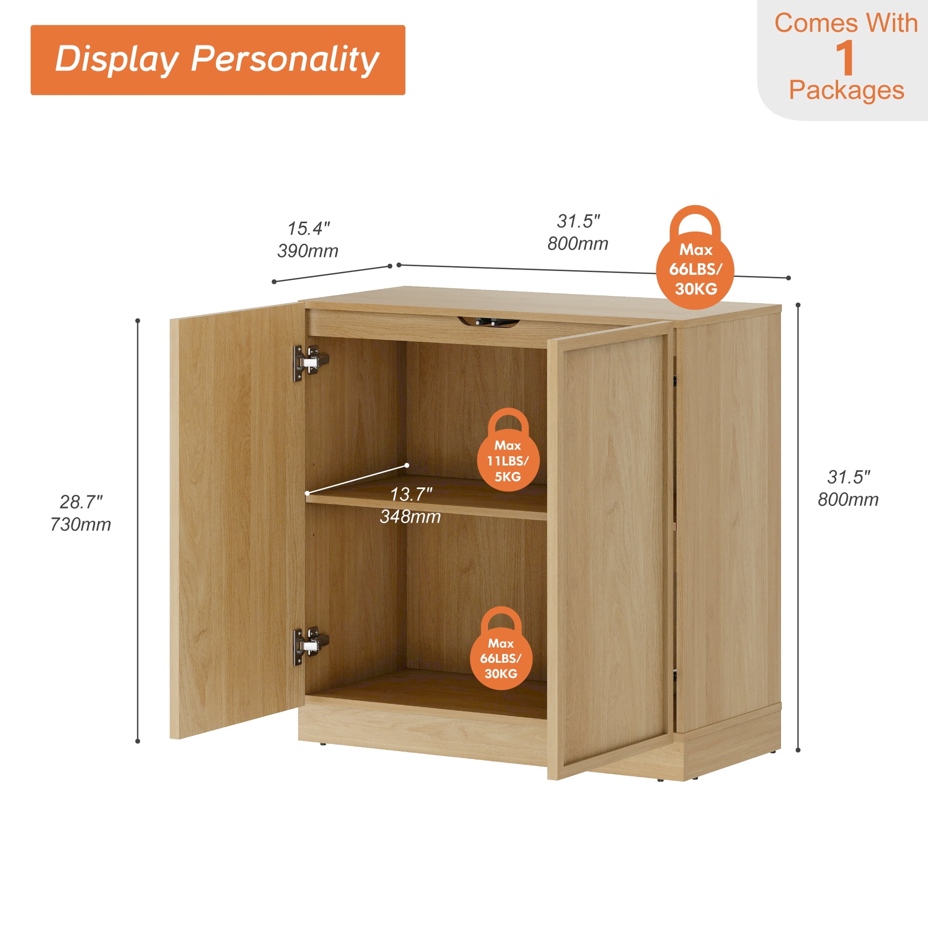 31.5" Modern Sideboard Buffet Cabinet with 2 Doors, Multifunctional Sideboard with Large Storage and Adjustable Shelf, Oak