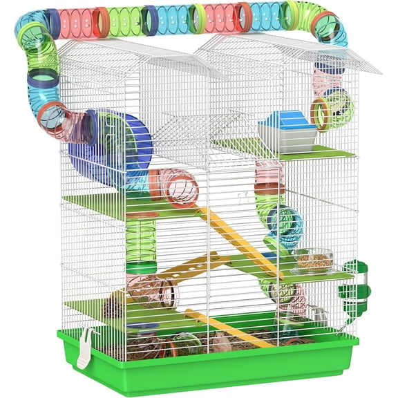 18.5" 5 Tier Hamster Cage with Tubes and Tunnels, Small Animal Cage, Rat Gerbil Cage with Water Bottle, Food Dish, Exercise Wheel, Green