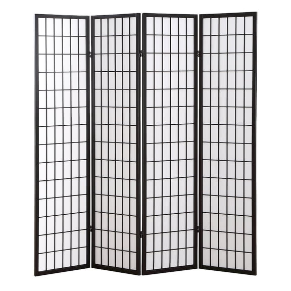 Roundhill Furniture Hoceima Oriental Shoji 4 Panel Room Divider, 71" Tall, Black