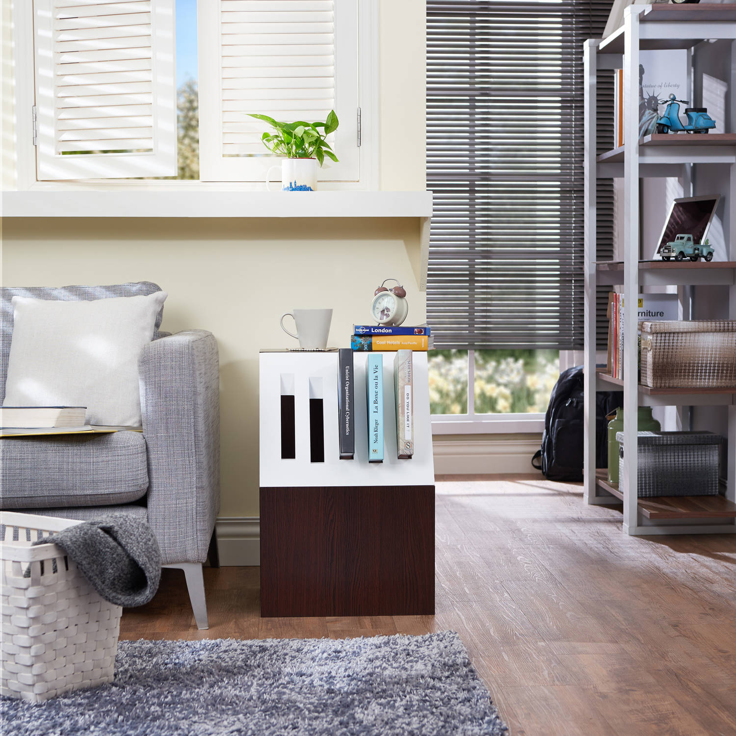 Furniture of America Two Tone End Table and Book Holder in White/Walnut Finish