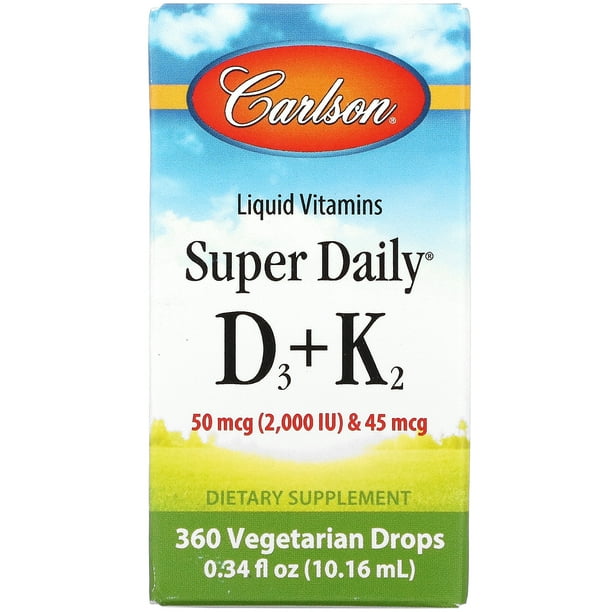 Carlson Labs Liquid Vitamins, Super Daily D3+K2, 50 mcg (2,000 IU) & 45 mcg, 360 Vegetarian