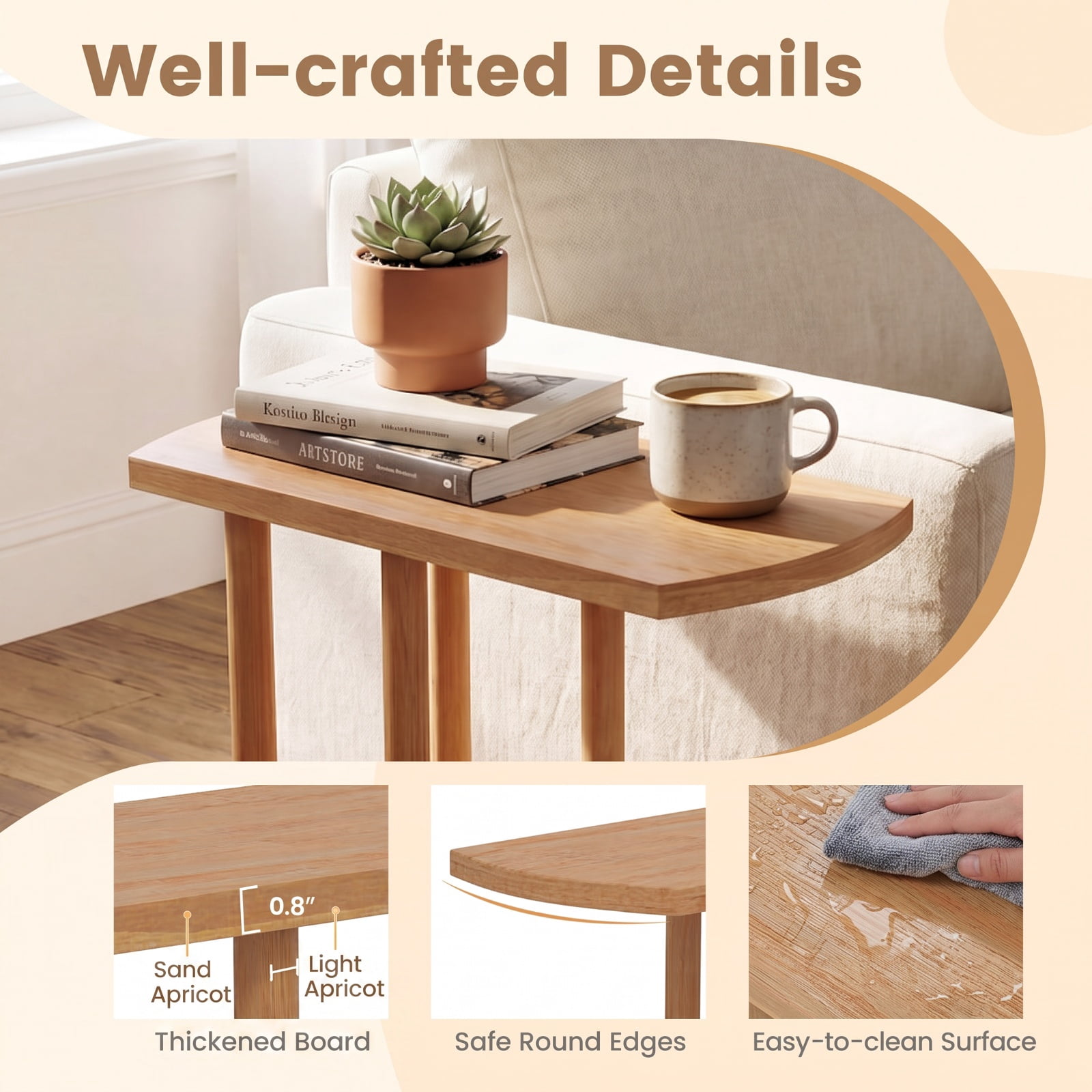 Furnibear Narrow 2 Tier C Shaped Teak Wood Side Table with Thickened Top and Sturdy Base for Sofa Couch Bed and Small Living Room, Natural