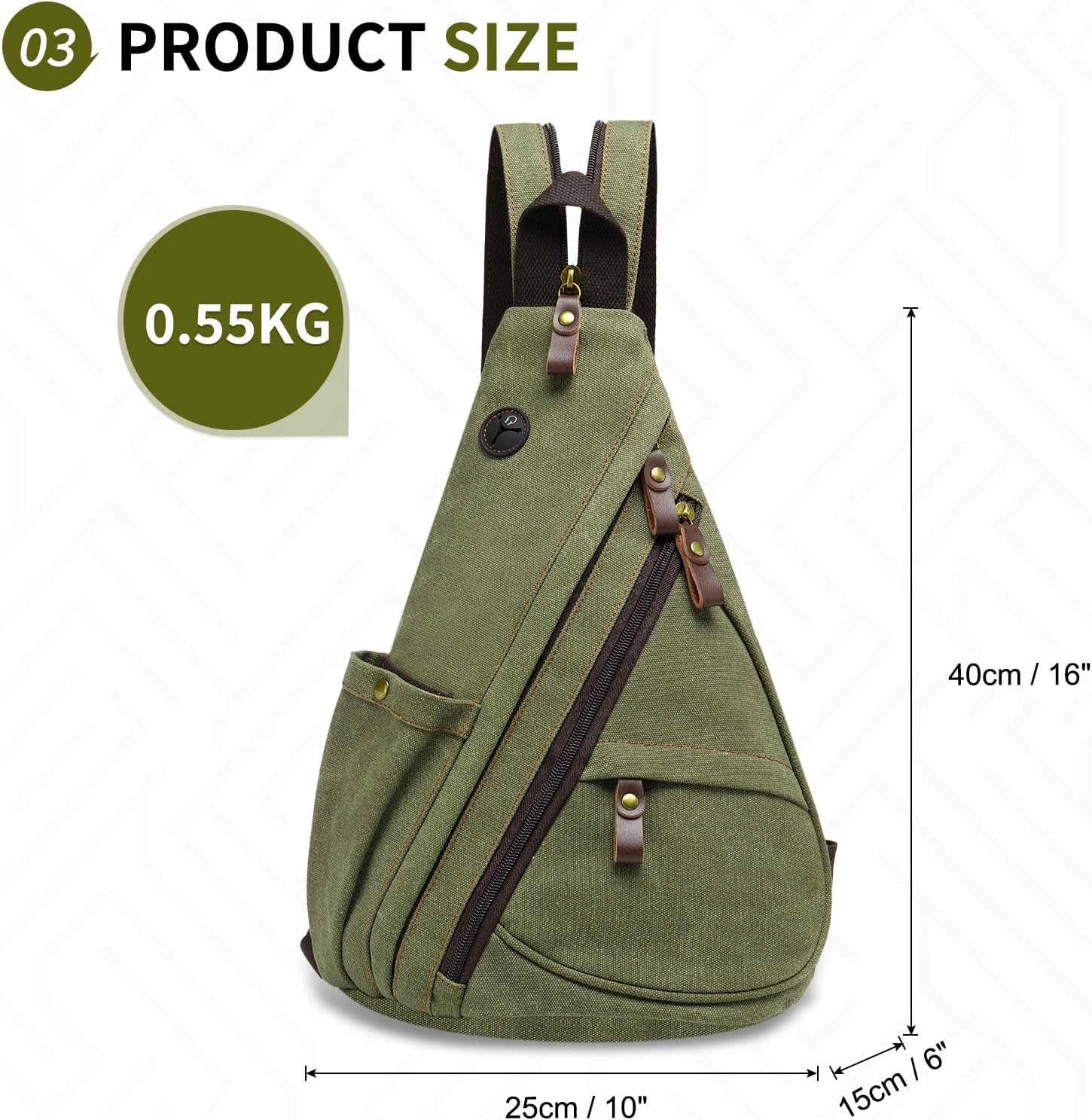 Vintage Canvas Sling Bag with Genuine Leather Zipper, 3 in 1 Crossbody, Backpack, and Chest Bag, for Travel, Hiking, 16x10x6 Inches
