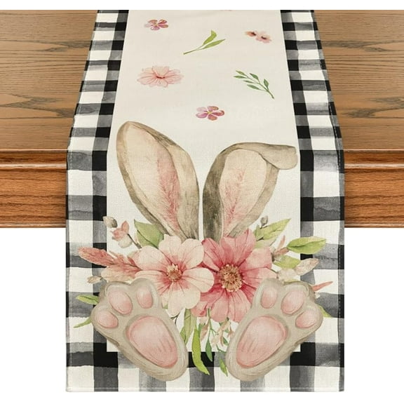 Artoid Mode Buffalo Plaid Bunny Ear Foot Flower Easter Table Runner, Seasonal Spring Kitchen Dining Table Decoration for Home Party Decor 13x72 Inch