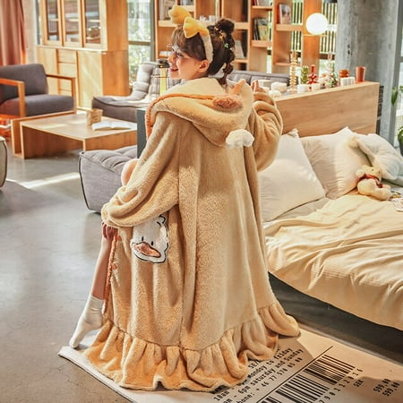 

DanceeMangoo FUNISHI Coral Fleece Night-robe Hooded Cartoon Women Sleepwear Winter Pajamas Loose Version Keep Warm Inspissate Princess Style