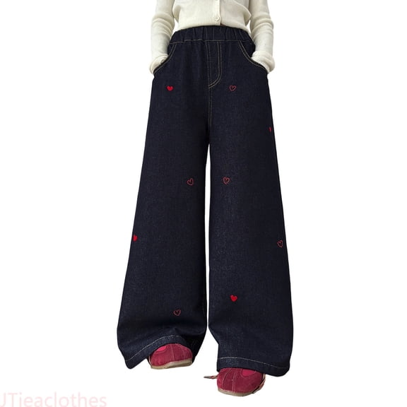 JTieacloth Girls Denim Pants Stylish Girls Wide Leg Jeans With Heart Embroidery Korean Style Casual Trousers For Teen Students Comfortable Loose Fit Denim Pants Youth Fashion,Sizes 5-6 Years