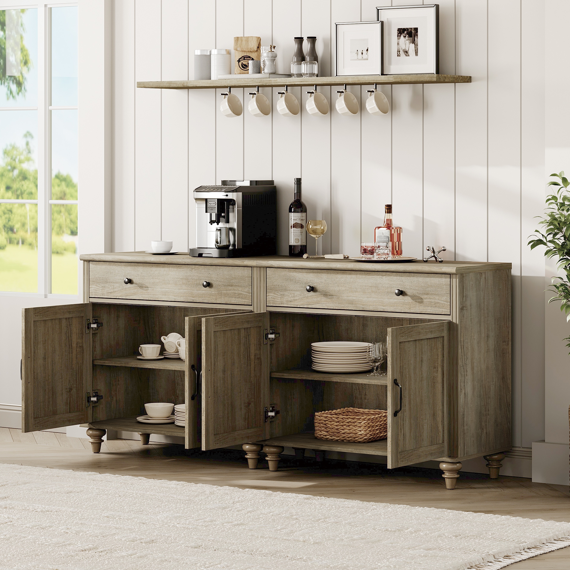 Farmhouse TV Stand for 75 inch TV with 4 Doors and 2 Drawers, Wood Universal TV Stand with Storage Cabinets for Living Room, Bedroom, Wash Gray