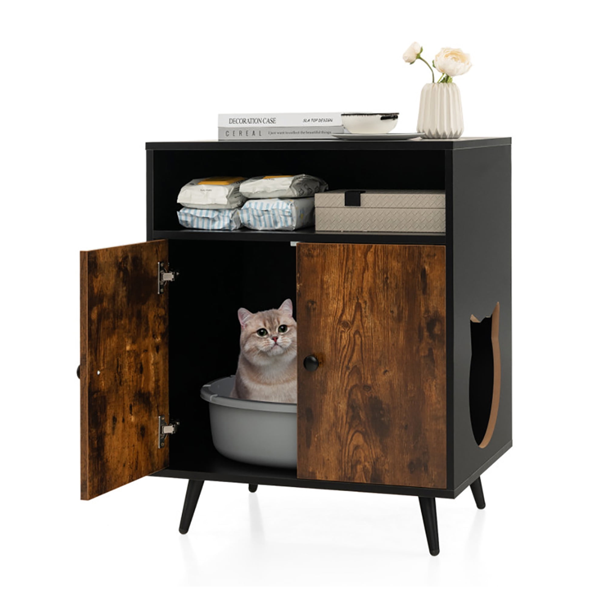 Kadyn 29" Indoor Wood Cat Houses, Hidden Cat Litter Box Enclosure with Entry and Open Compartment, Cat Condo Furniture Kitty, Black