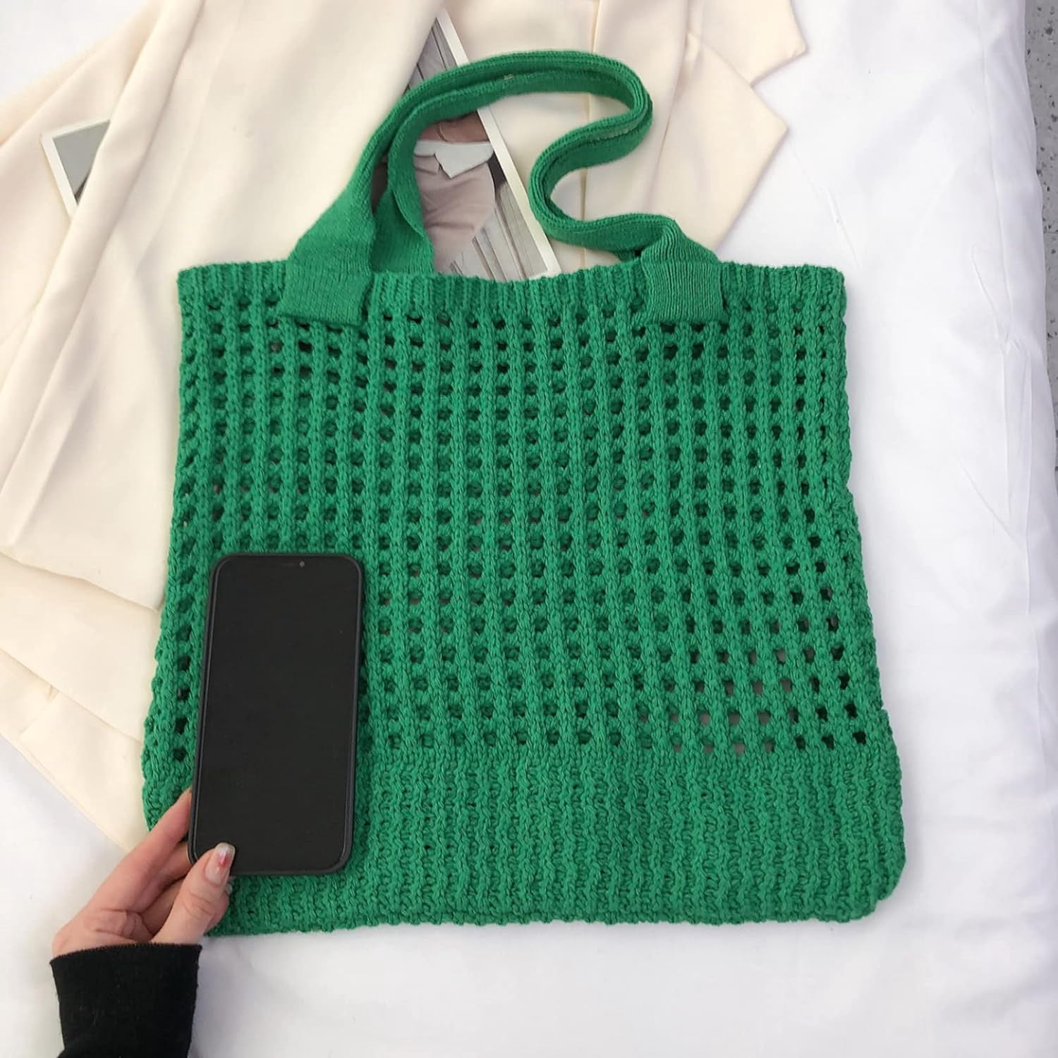 Kukuzhu Crochet Beach Bags for Women, Woven Travel Tote Fishing Net Handbag Shopping Large Hobo Shoulder Bag for for Holiday