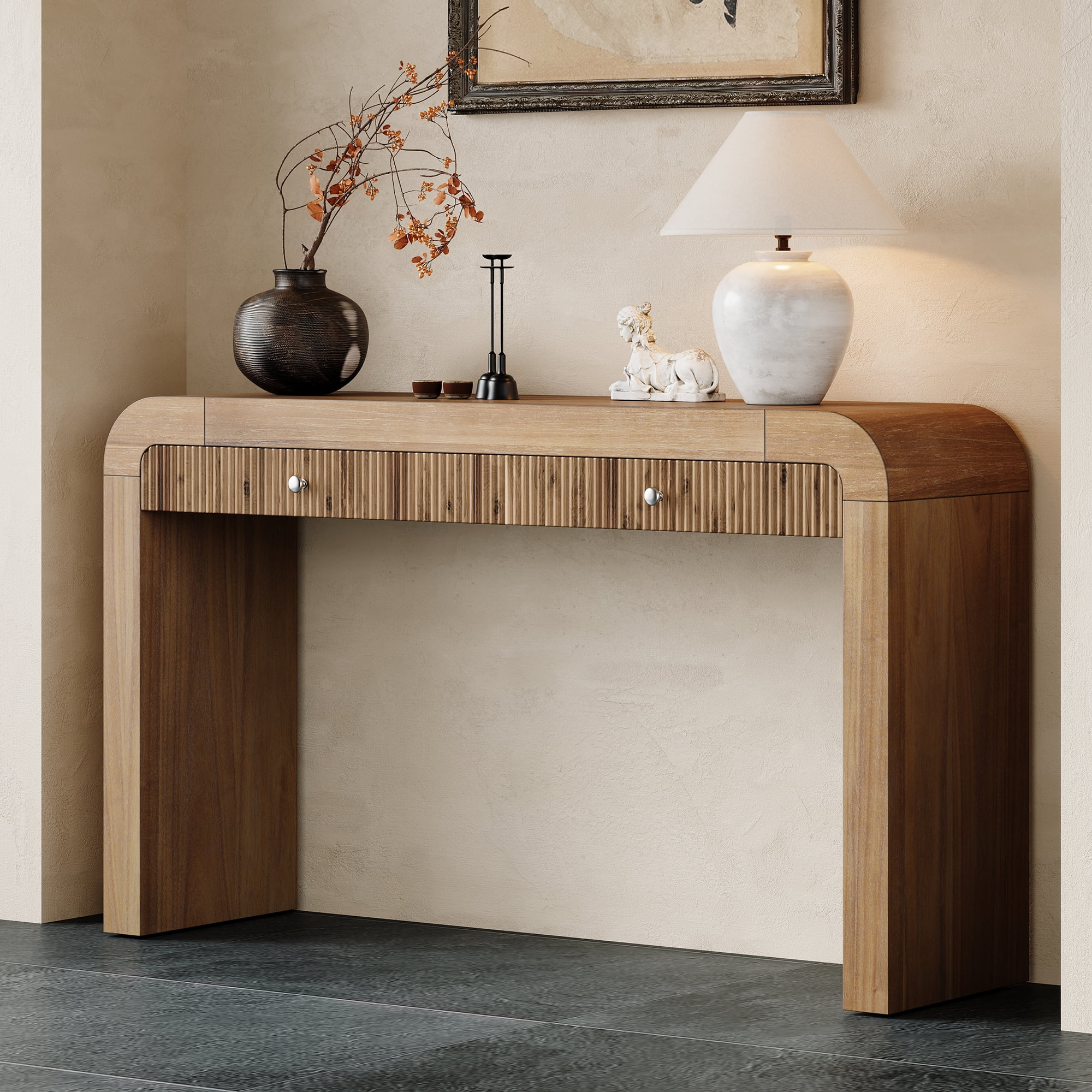 Harper & Bright Designs Wood Console Table with Storage , Flutde Entryway Table with Curved Corners for Hallway & Living Room , Natural