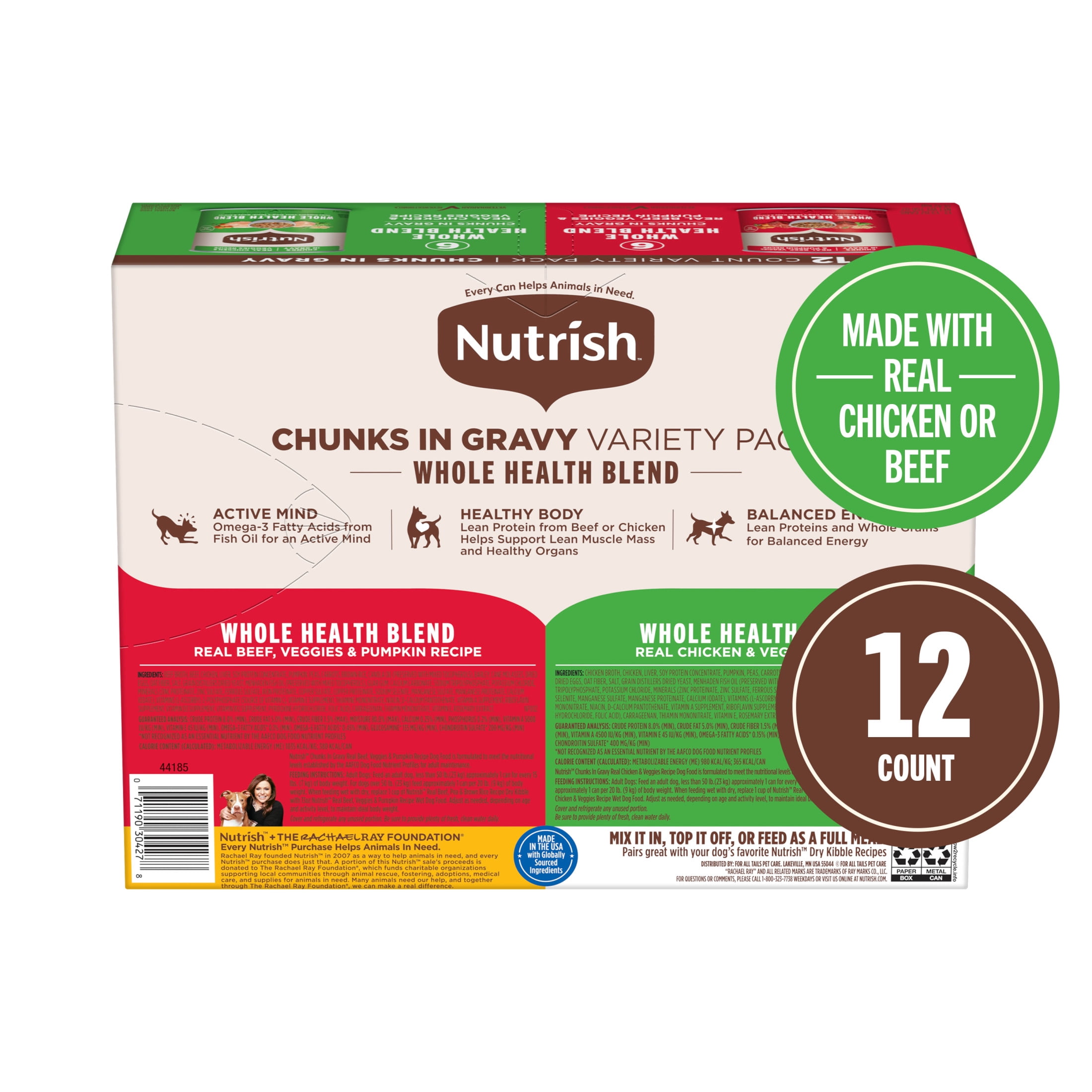 Nutrish Whole Health Blend Chunks in Gravy Variety Pack Wet Dog Food, 13 oz. Can, 12 Count (Rachael Ray)
