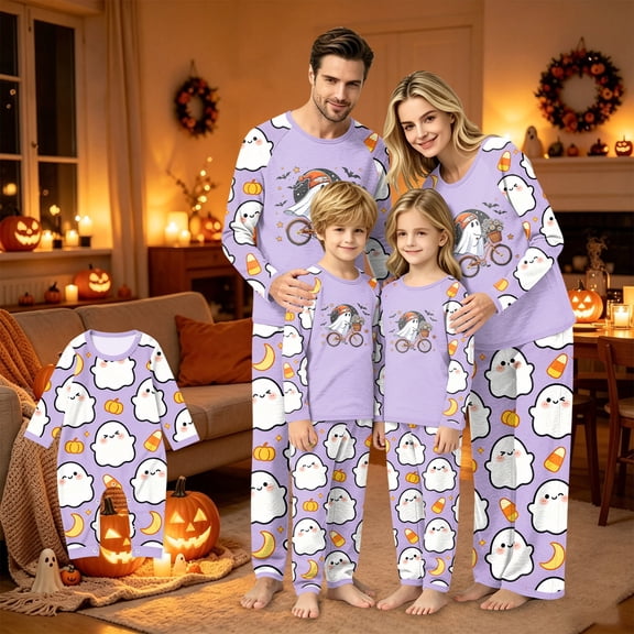 Family Halloween Pajama Set Long Sleeve Crew Neck, Soft Halloween Family Pajamas with Cute Ghost Candy Print, Adorable Matching Halloween Pajamas Sleepwear