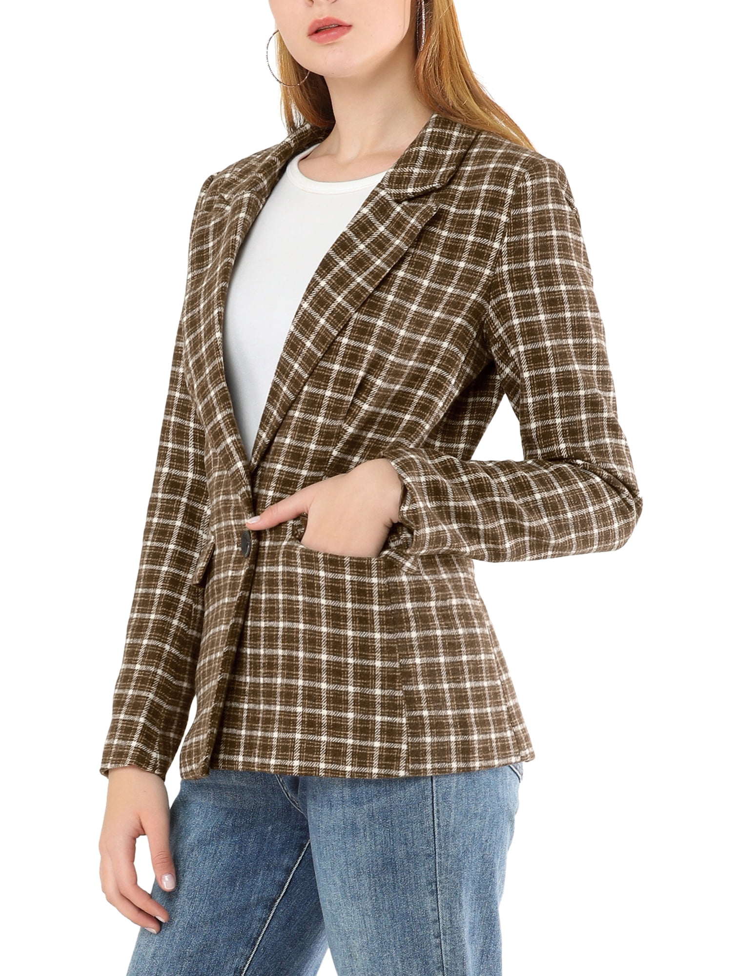 DARING DIVA Women's Boyfriend Notched Lapel One Button Blazer Suit Plaid Blazer Jacket L Coffee