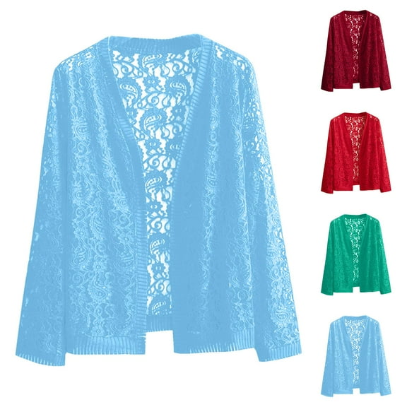 LOVZFMLL Women's Cardigan Lace Open Front 3/4 Sleeve Crochet Cover-Up Floral Bolero Shrugs for Summer Casual Sheer Knit