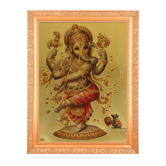 Dancing Ganesha Gold Foil Art Print Elegant Photo In Golden Artwork Frame (14 Inch X 18 Inch) OR (35.56 X 45.72 Cm) Religious Gifting