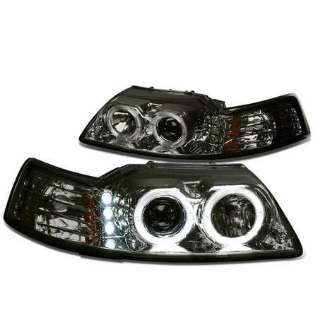 For 1999 to 2004 Ford Mustang SN -95 Dual LED Halo Ring Projector Headlight Smoked Housing Amber Corner Headlamp 00 01 02 03 Left+Right