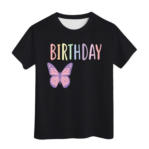 WOYY Kids Girls Birthday Tee Shirt Butterfly Letter Print Short Sleeve T-Shirt, Sizes 3-13