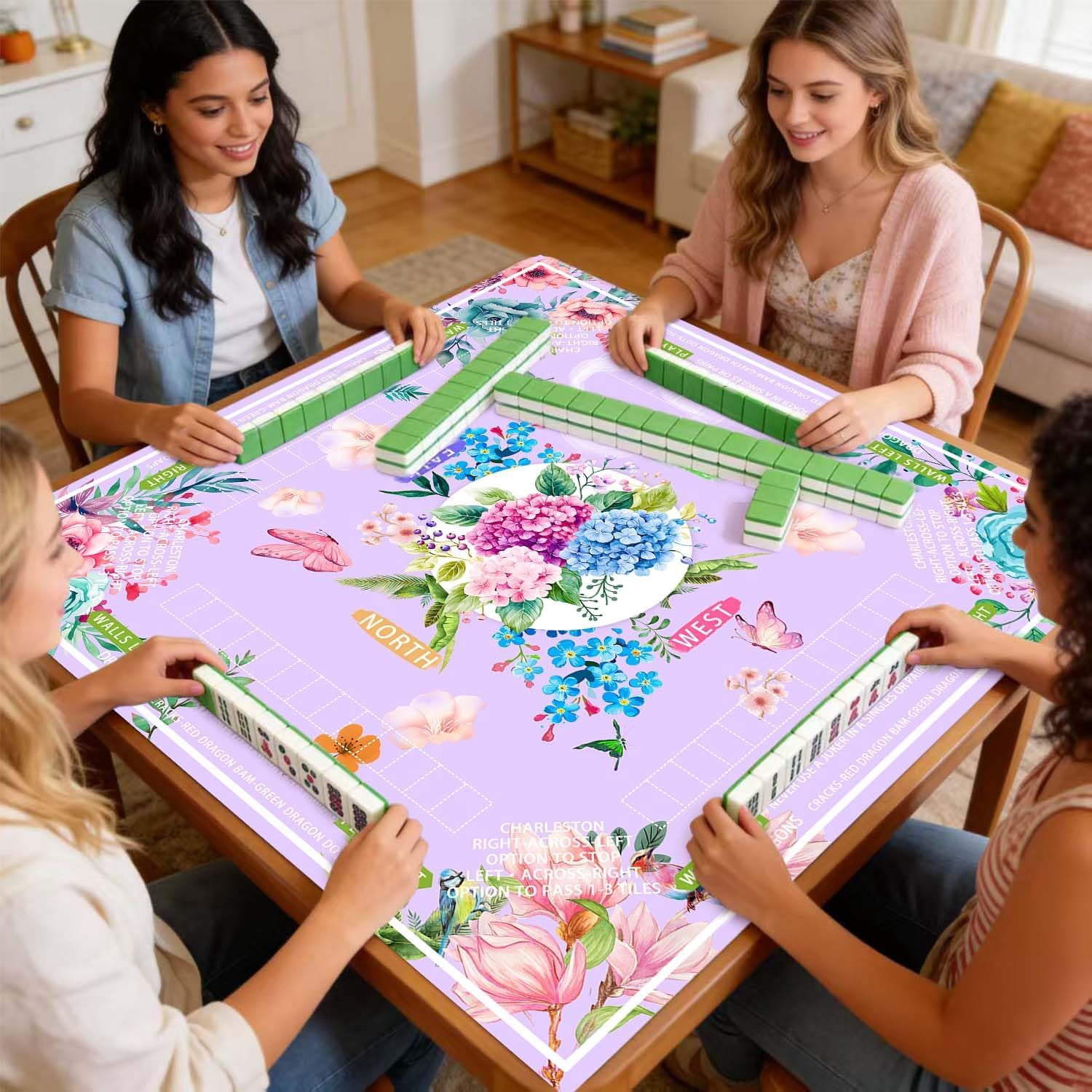 Mahjong mat for Table/31.5lnch/American Mahjong Table Cloth with Rules mats with Drawstring Bag,Noise ReductionAnti-Slip Game mat for Table,for Mahiona/PokerBoard Games/Card Games (Light purple)