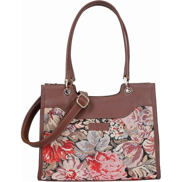 Sishka Sacoche et Sac Bandoulière pour Femmes à Motif Floral en Tapisserie / Sac d'Épaule Élégant avec Garniture en Cuir et Poignée Supérieure