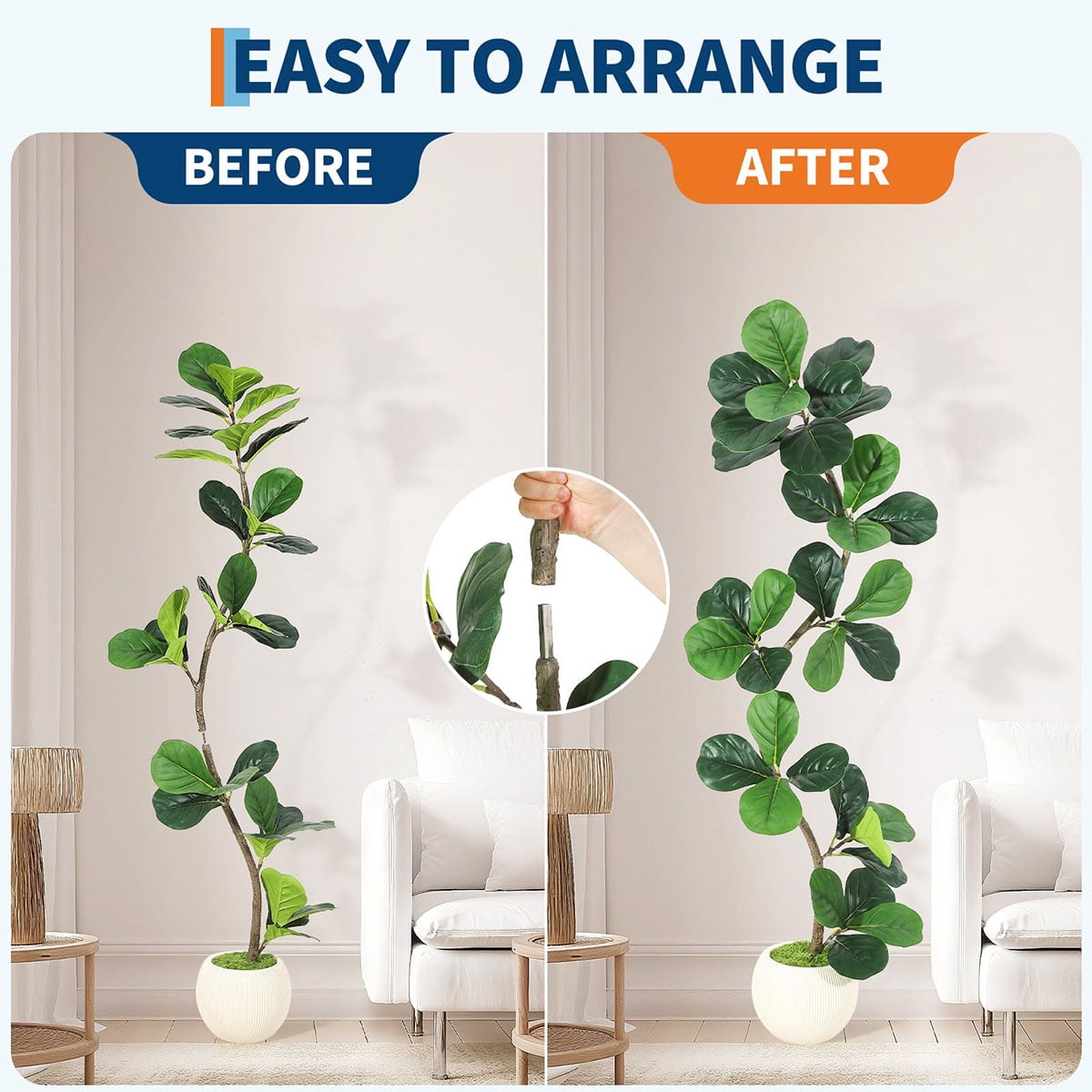Ataucjin 5ft Fiddle Leaf Fig Artificial Tree, Faux Plants Indoor with Moss&White Planter, Fake Rubber Tall Fake Floor Plant in Pot,Artificial Trees for Home Office Living Room Decor