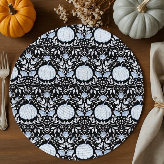Fall Abstract Round Braided Placemats Set of 8, Pumpkin Flower Leaves Dot Black Heat Insulation Place Mats Washable Non-Slip Table Mats for Kitchen Dining Party, 15 Inches