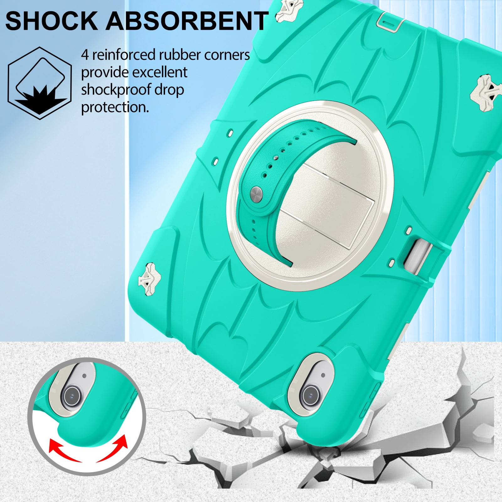 ELEHOLD Case for Apple iPad 10th Gen, Heavy Duty Shockproof Case with Pencil Holder/Stand/Hand Strap/Shoulder Belt, Rugged Protective Cover for Boys Girls,Mint