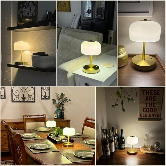Gold Cordless Table Lamps Set of 2, Rechargeable Battery Operated Touch Dimming Mushroom Lamps for Bedroom Dining Room Living Room