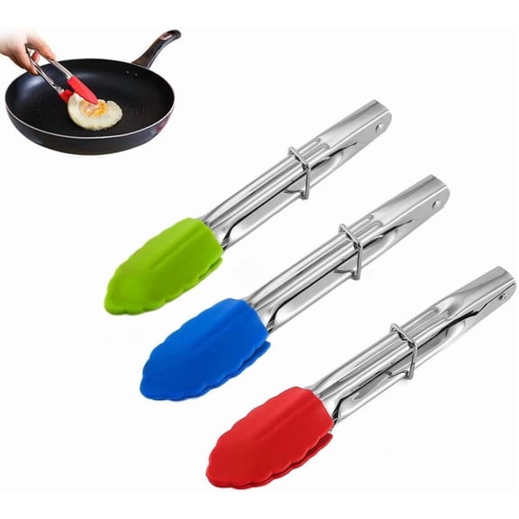 BUTOMKY 3-Pack Silicone Tip Stainless Steel Kitchen Mini Tongs - Heat Resistant BBQ Tongs for Grilling, Salad Tossing, Air Fryer, Locking Grip, Non-Scratch (Green/Red/Blue)