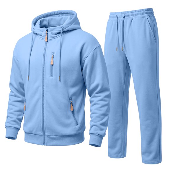 Dwelliawo Sweatsuits for Men 2 Piece Solid Color Full Zip Relaxed Fit Pullover Hoodies Joggers Athletic Pants Set Fleece Winter Suit with Pockets Light Blue XL