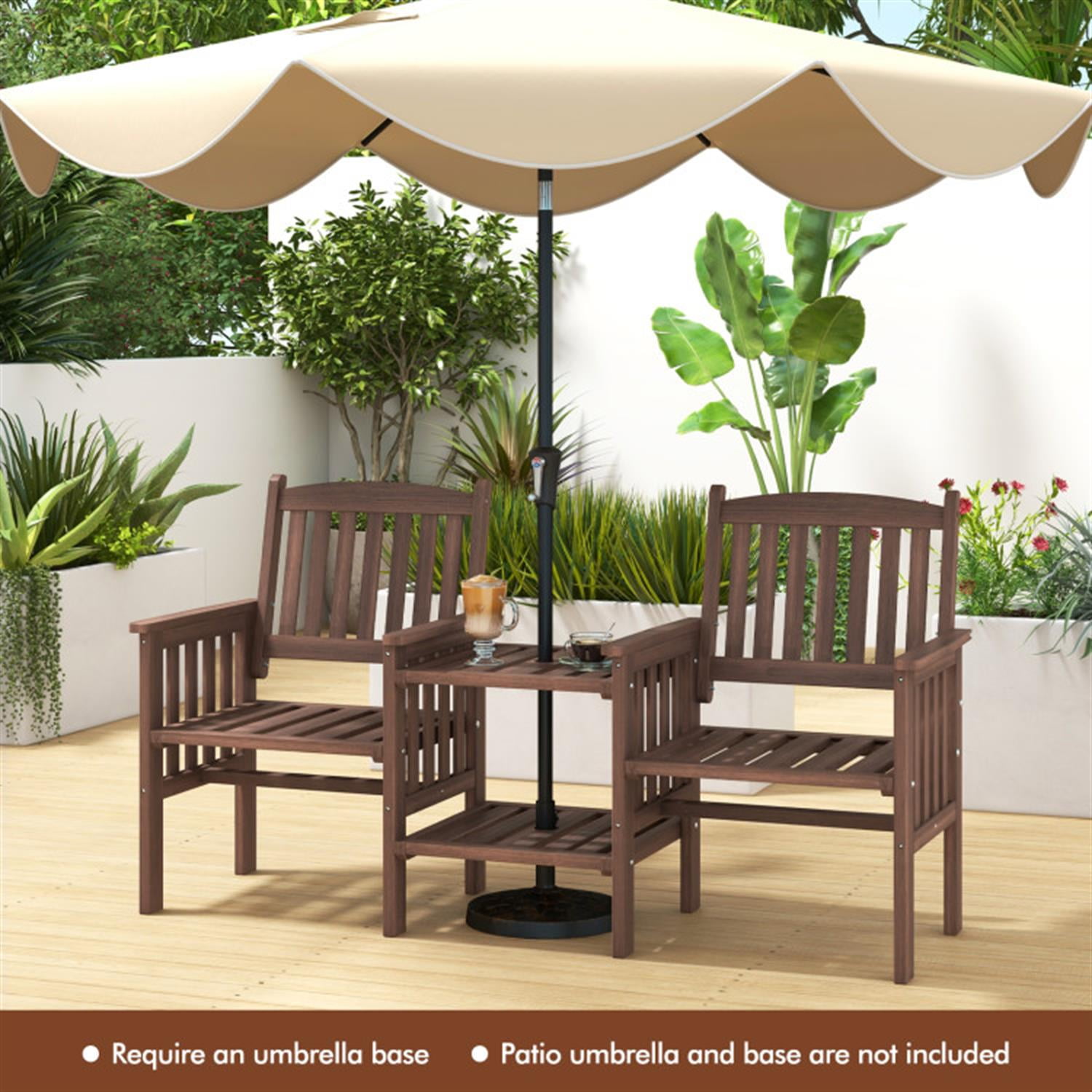 Demi Bonn Outdoor Fir Wood Loveseat with 2-Tier Side Table and 1.96" Umbrella Hole, Conversation Chairs for Garden Poolside Balcony, Brown