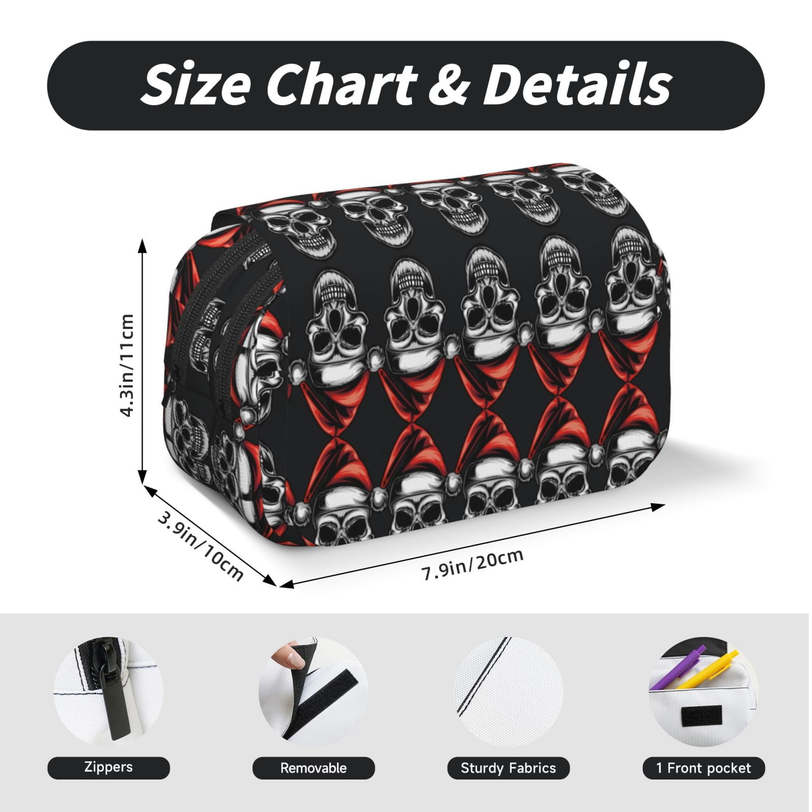 Rateoe Skull santa hat Pattern Double Clamshell Pen Case, Storage Organizer with Two Zipper Compartments– Holds Up to 50 Pencils & Pens