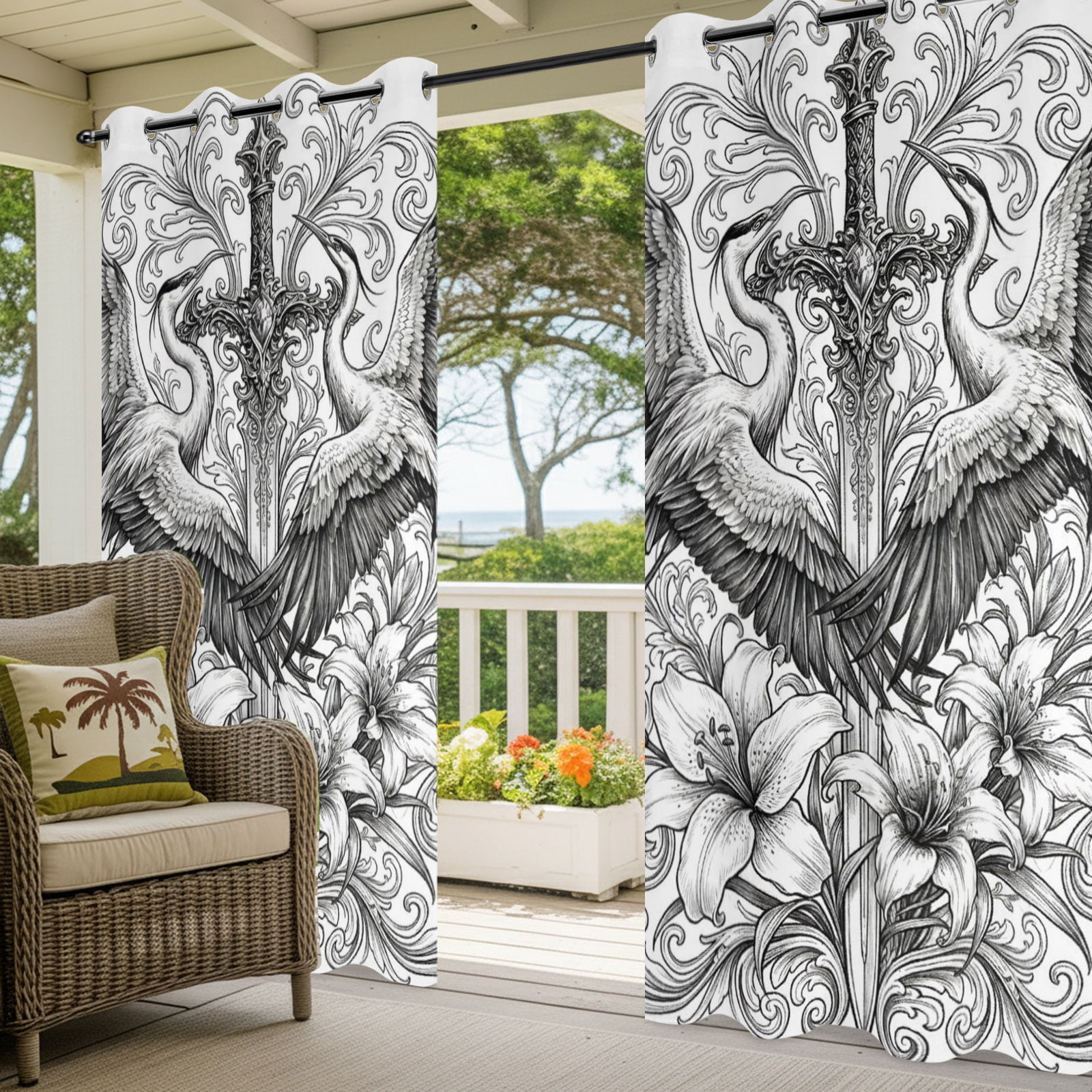 Sword Lily Flowers Outdoor Curtains for Patio, Floral Sword Goth Vintage Sunshade Privacy Drapes Grommet Waterproof Outside Curtains for Porch/Cabana/Balcony 54"x 108", 1 Panel
