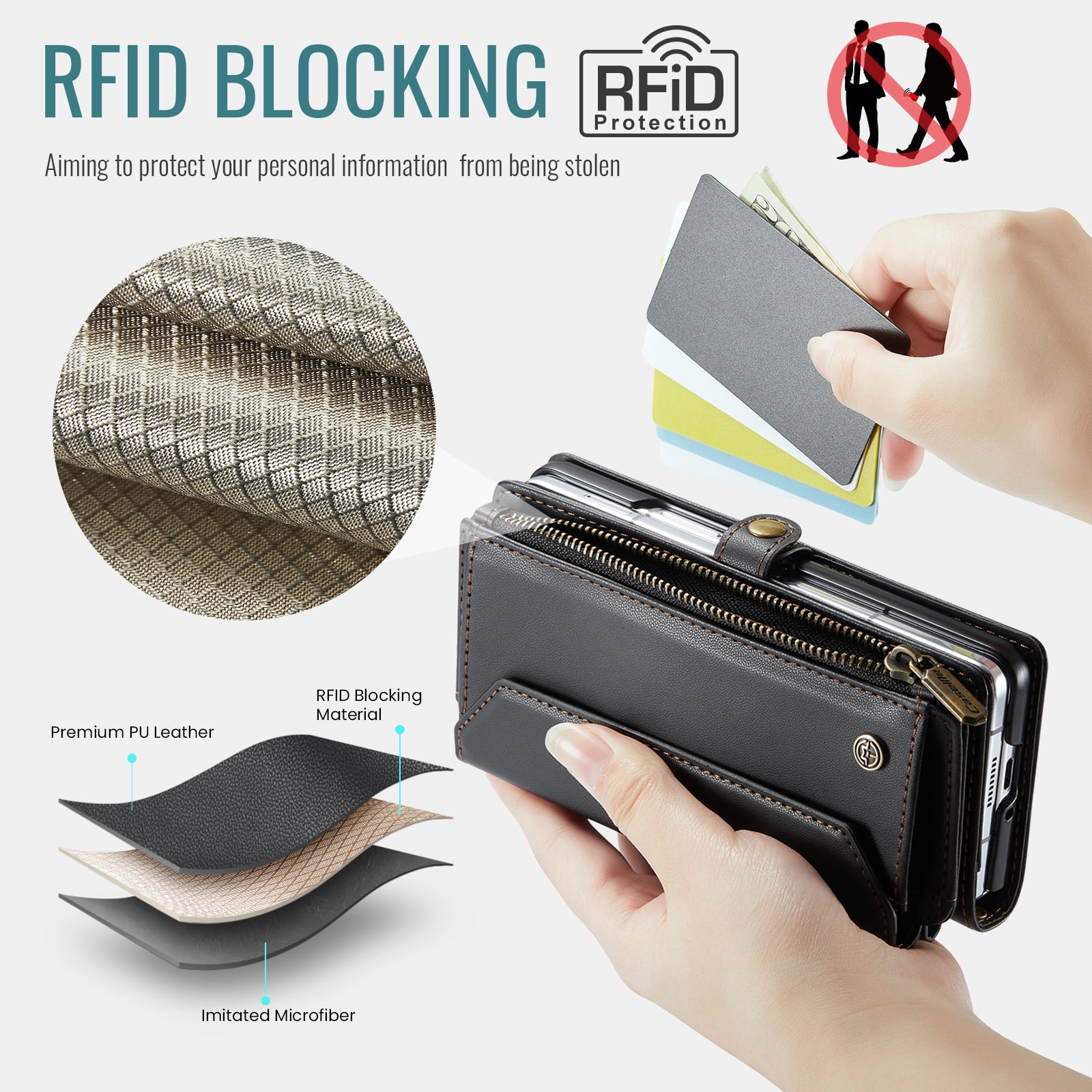 for Samsung Galaxy Z Fold 7 Full Body Protection Wallet Folio Flip Case, Shoulder Strap & Wristlet Card Slots Zipper Pocket RFID Blocking Rugged Durable PU Leather Phone Case Cover, Black
