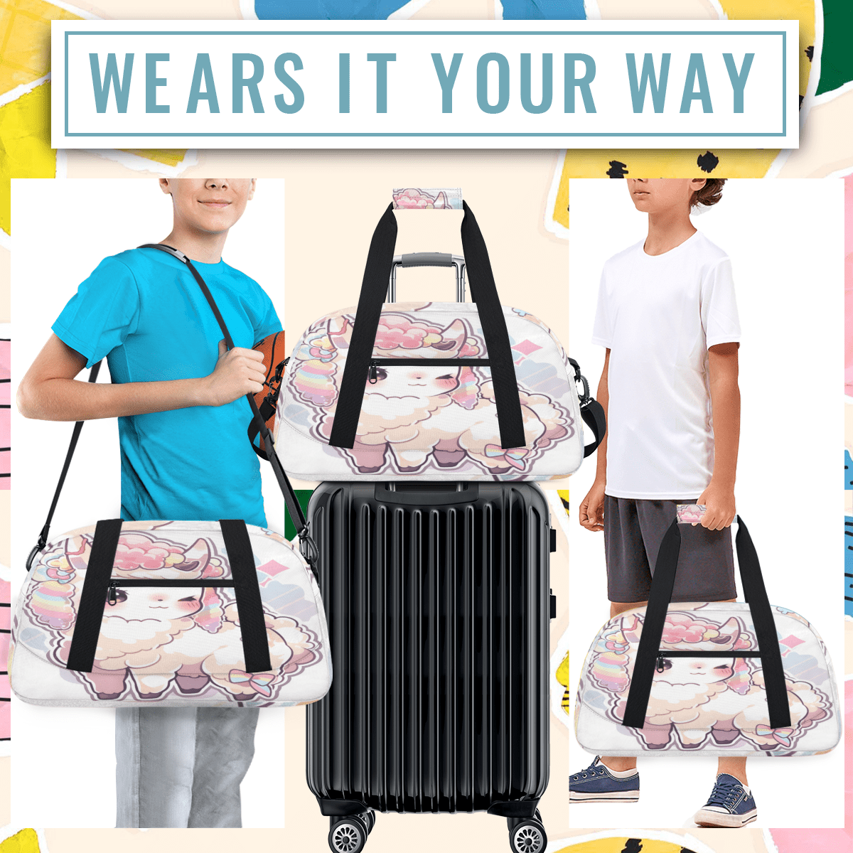 Herdesigns Cute Cartoon Sports Duffle Bag for Women & Men, Sheep Gym Bag Dance Bag Overnight Bag Carry On Weekender Travel Bag