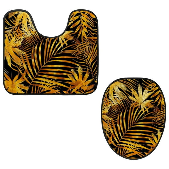 PhooArto Toilet Lid Cover and U-Shaped Toilet Floor Mat Set of 2 Pieces, Golden Jungle Palm Leaves Pattern Toilet Mat Set, Machine Washable Seat Covers Non-Slip Absorbent Rugs