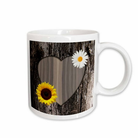 

3dRose Wood Image Heart with Sunflower and Daisy Ceramic Mug 15-ounce