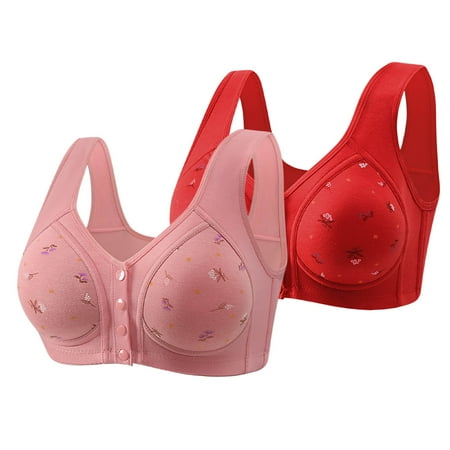Sentmoon 2PC Front Closure Bras for Women Oversize No Underwire Womens Sports Bras Comfortable with Snaps Print Anti-Sagging Seamless Push up Bra Womens Trendy for Dating Outfits Red 50