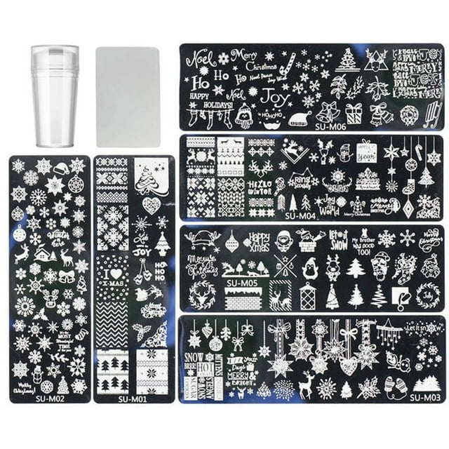 Ensemble de Plaques d'Impression pour Ongles Kit de Tampons pour Ongles Plaque de Stamping d'Halloween Pochoirs pour Ongles de Noël Outil de Tampon Réutilisable